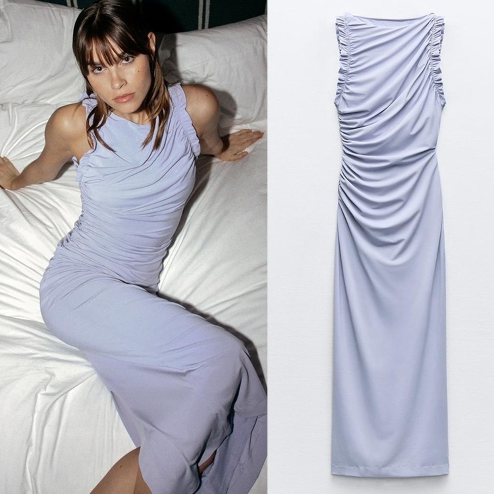 NWT Zara Ruffle Midi Dress Powder Blue Size M Wedding Guest Spring 2024 2886/262
